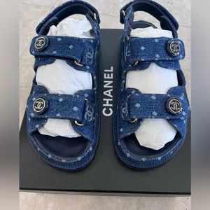 Chanel printed denim dark blue dad sandals
